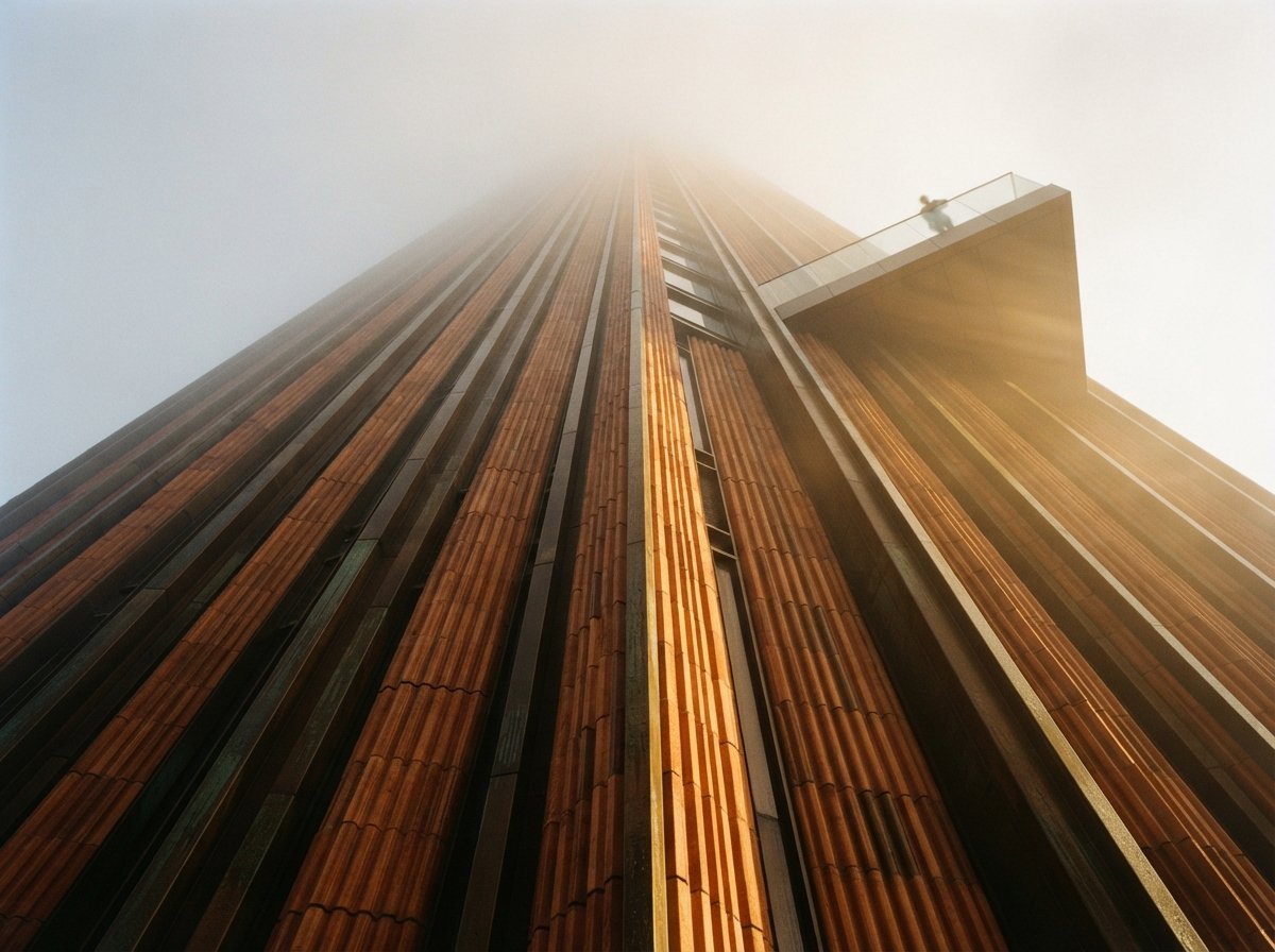 A low-angle macro view up a textured terracotta skyscraper in heavy dawn fog with golden light striking the material ridges.