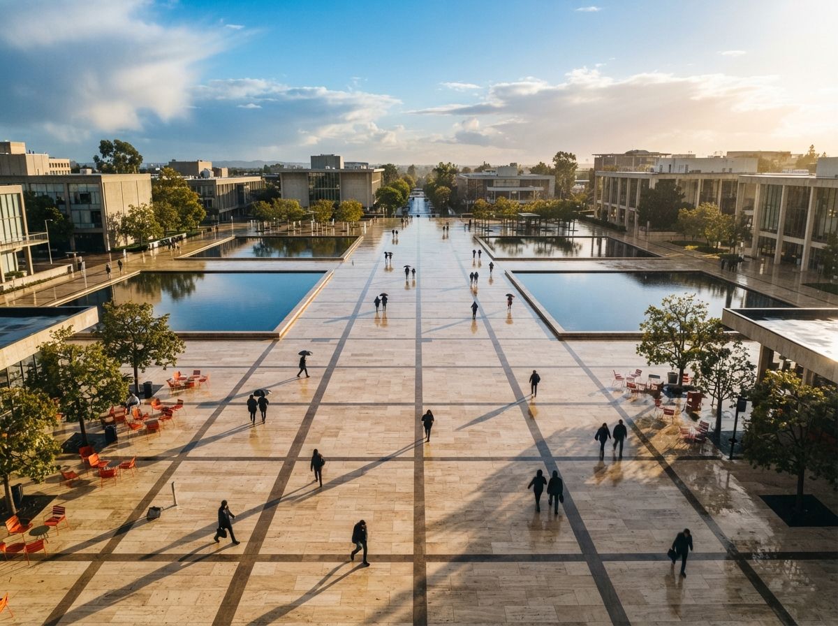 Top-down aerial view of a geometric travertine plaza with rainwater reflecting pools and long shadows after a storm.