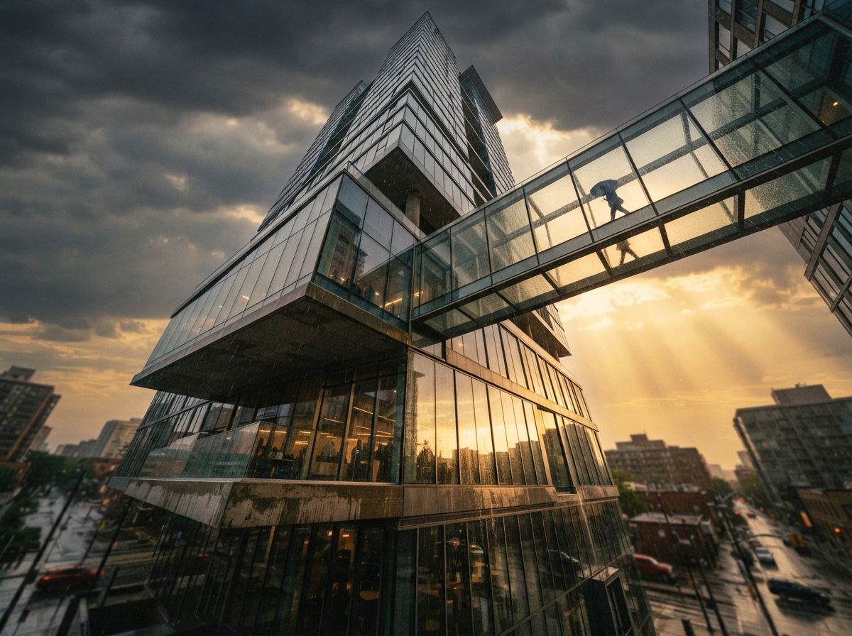 A low-angle view looking up at a rain-washed modern skyscraper as golden sunlight breaks through dark clouds.