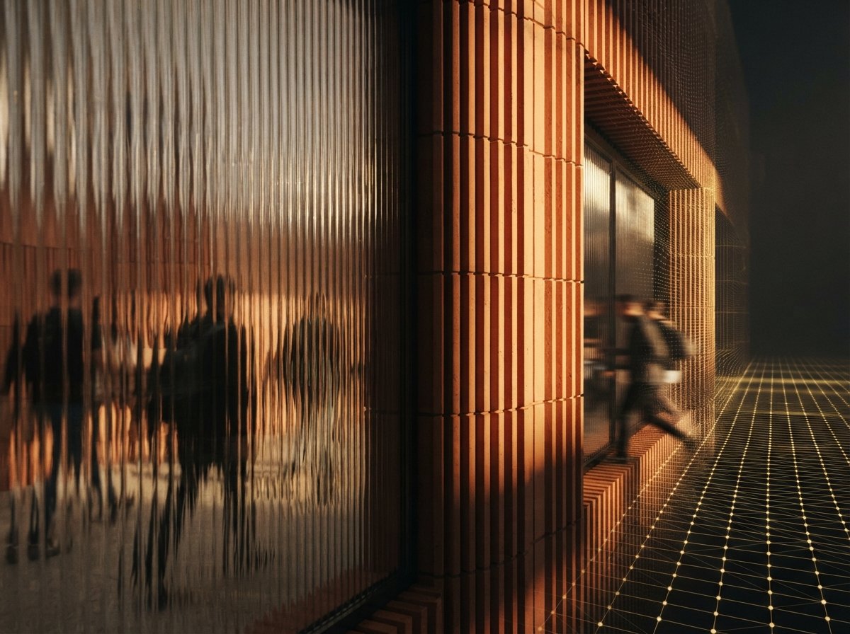 A close-up photograph through fluted glass showing a terracotta building facade dissolving into a digital wireframe.