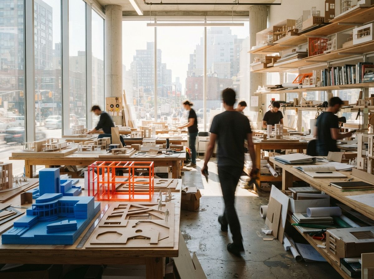 Architects work around colorful scale models inside a brightly sunlit design studio.