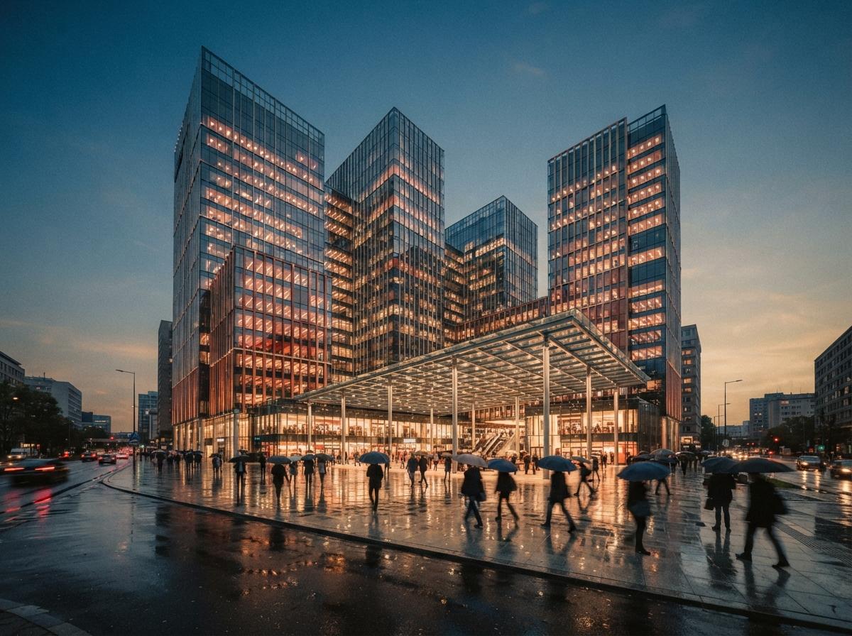 A wet urban street reflects glowing glass towers under a dusk sky.