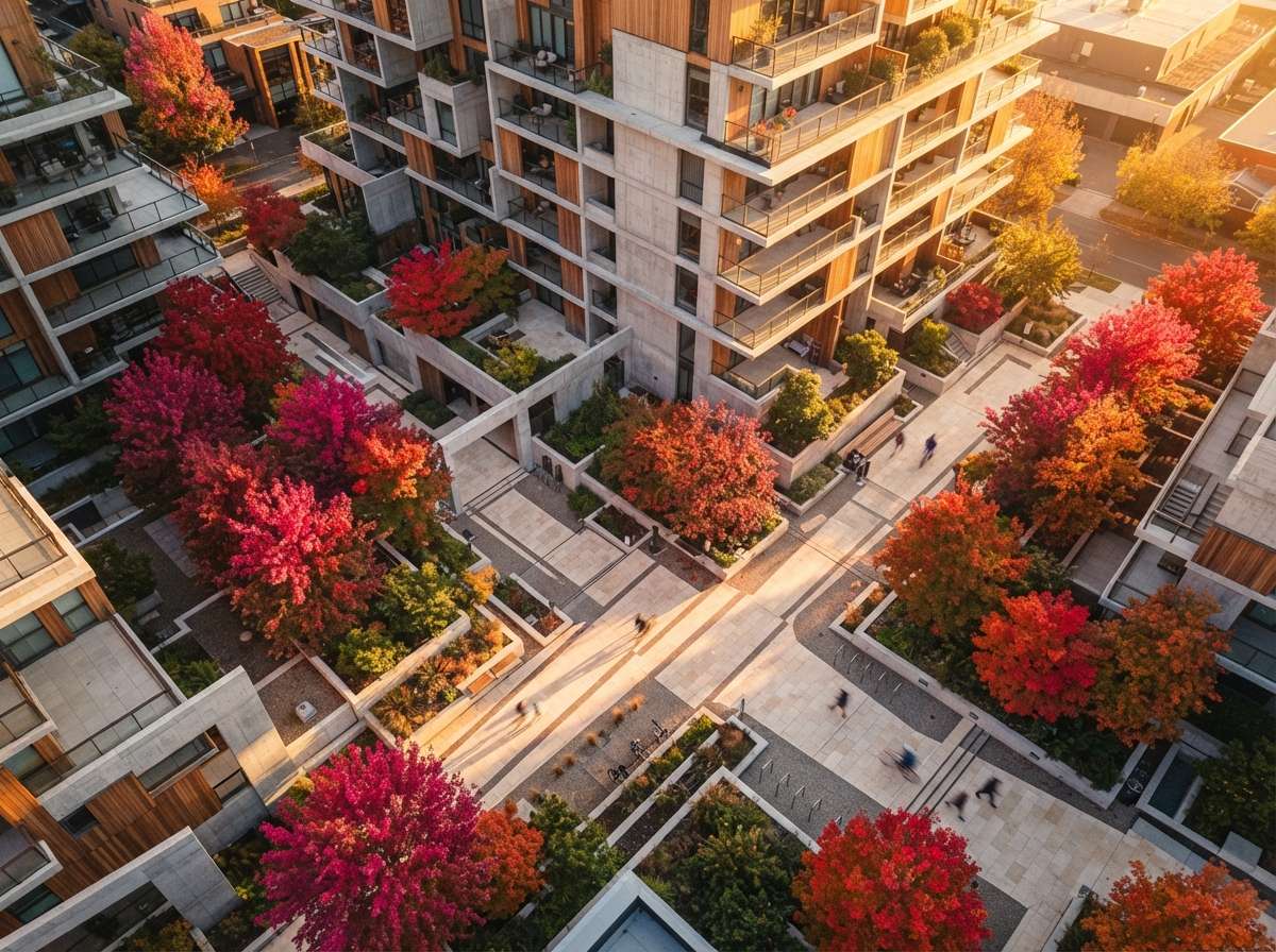 A directly overhead drone view of a modern apartment courtyard with bright red trees and sharp shadows.