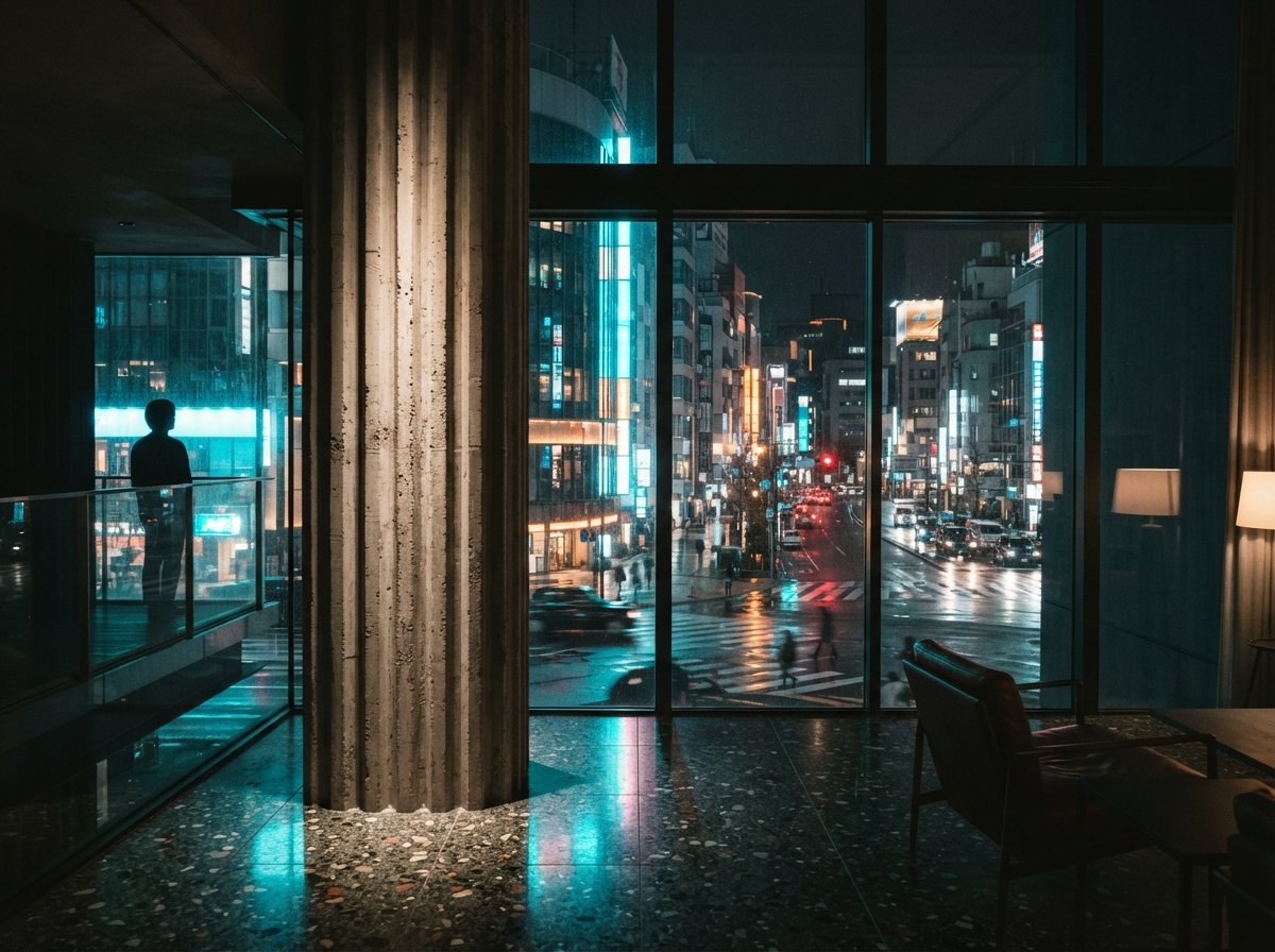 An interior shot looking out at a nighttime cityscape with neon light reflecting on polished terrazzo.