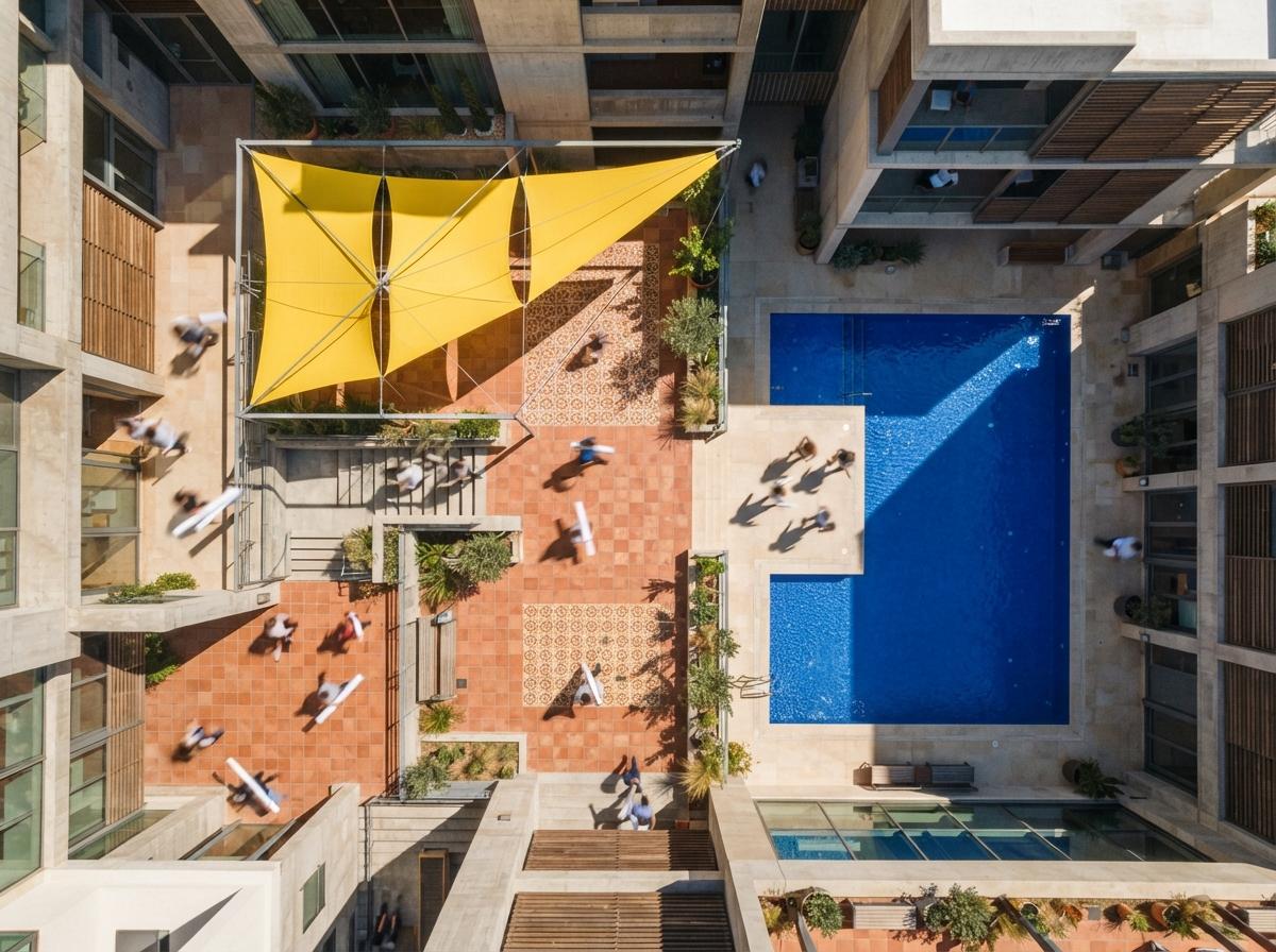A straight-down aerial drone view of a courtyard with geometric shadows and a yellow canopy.