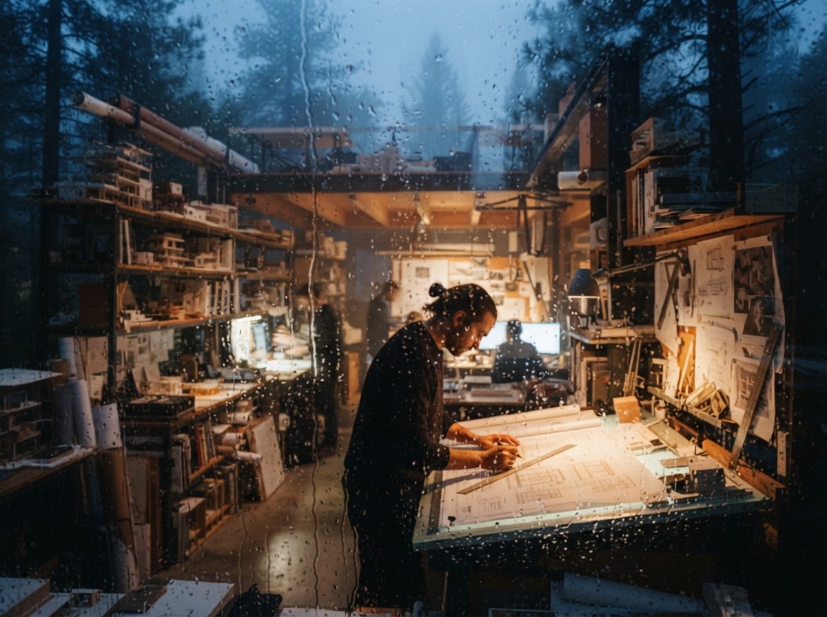 A view through rain-dappled glass into a brightly lit architectural studio surrounded by dawn fog.