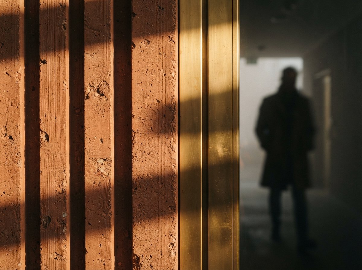 A macro photograph highlights the raking light and geometric textures on a terracotta concrete and brass wall.