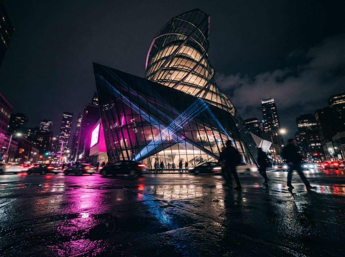 A low-angle night photograph shows neon light reflections on a wet asphalt street beside a glass pavilion.