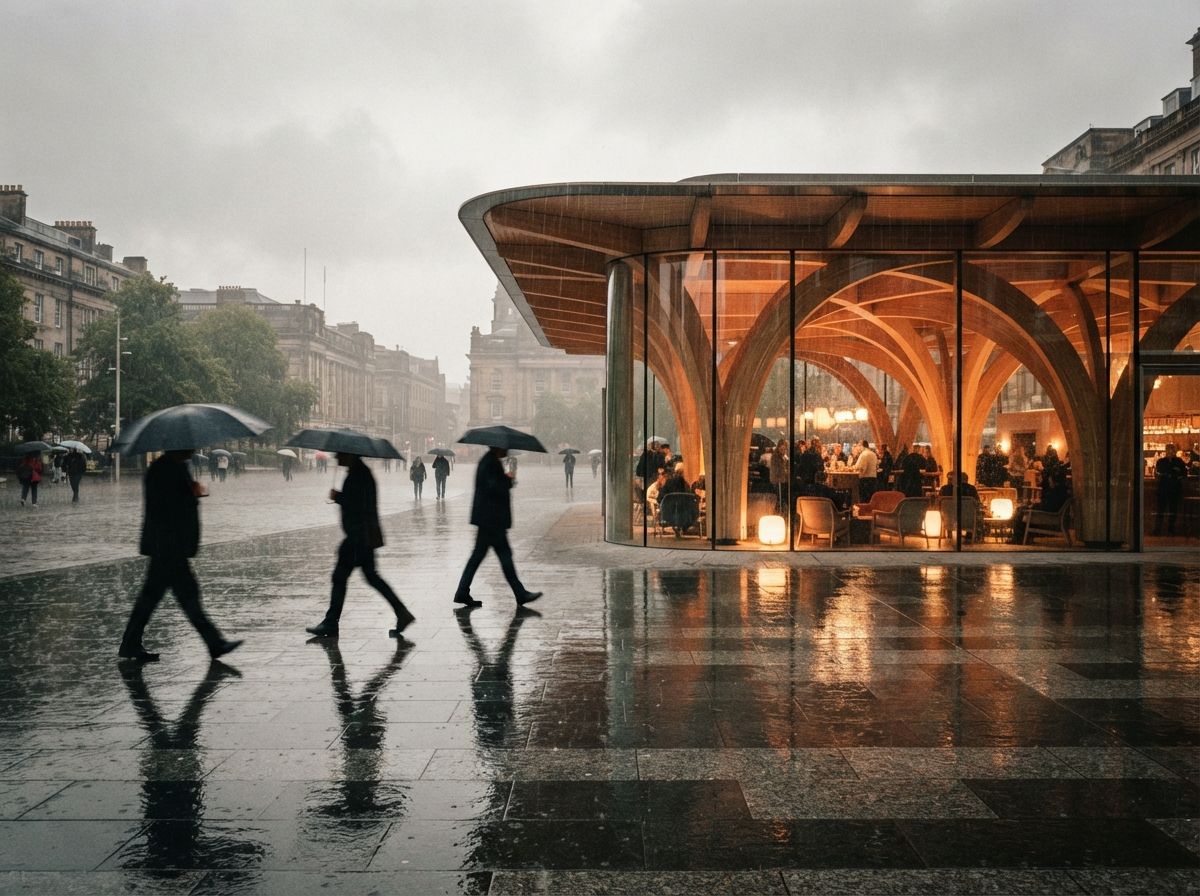 Pedestrians walk past a modern glass and timber pavilion on a wet urban plaza.