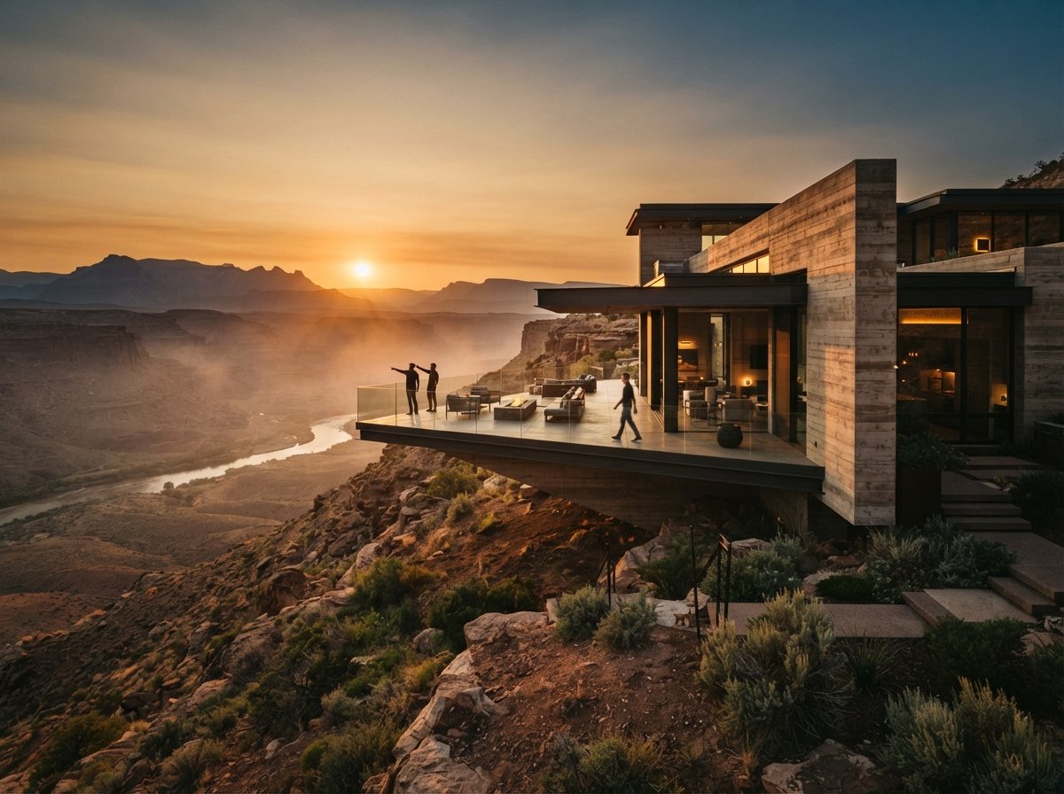 A modern cantilevered concrete home built into a canyon landscape at golden hour.