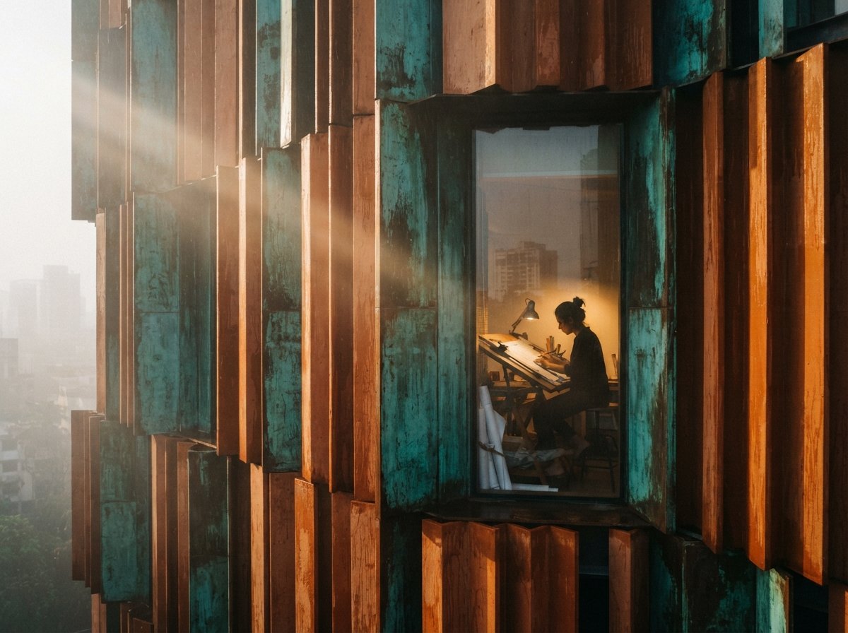 A close-up photograph of textured terracotta building panels illuminated by sharp morning sunlight piercing through fog.