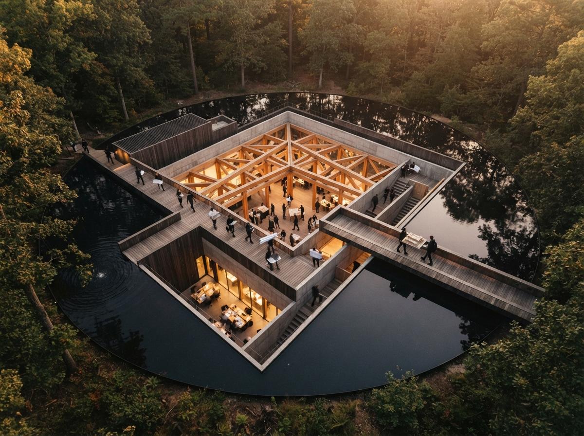 An aerial top-down view of a modern timber pavilion reflecting off a dark water pool at golden hour.