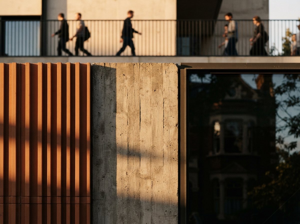 An abstract close-up photograph showing the texture of fluted terracotta and concrete facade panels under low raking sunlight.