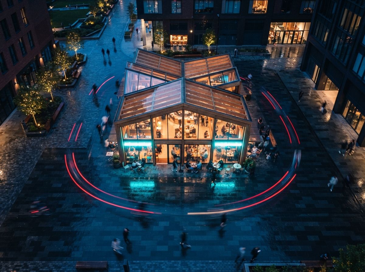A bird's-eye drone view of a glass pavilion in a city plaza illuminated by indoor warm lights and outdoor neon at night.