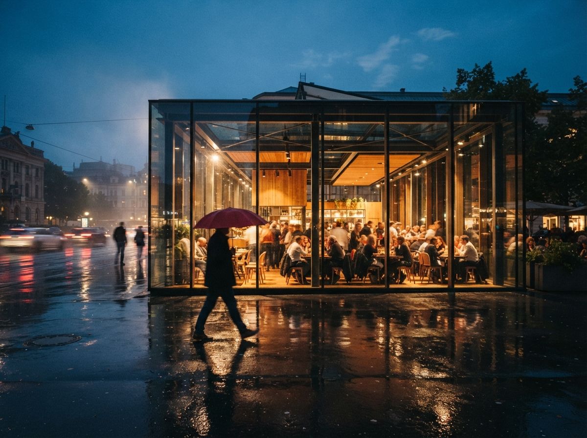 A glass architectural pavilion glows at dusk along a wet, rain-washed urban street.