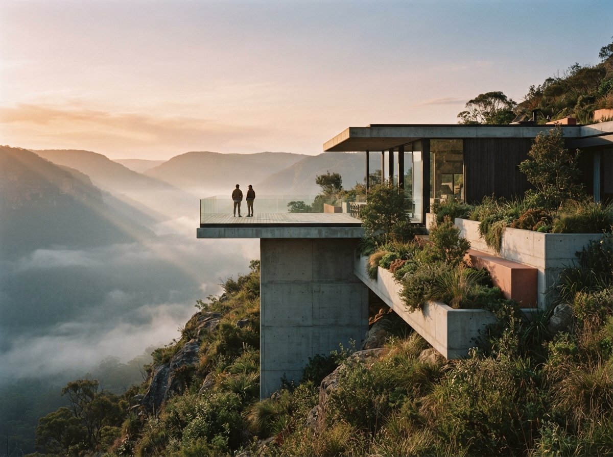 A modern cantilevered villa sits over a misty valley at golden hour.