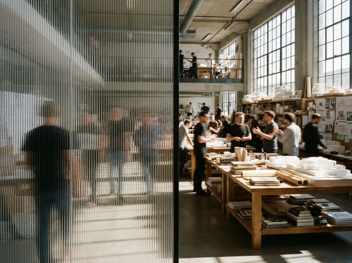 View through a reeded glass partition showing architects moving across a sunlit design studio filled with physical models.