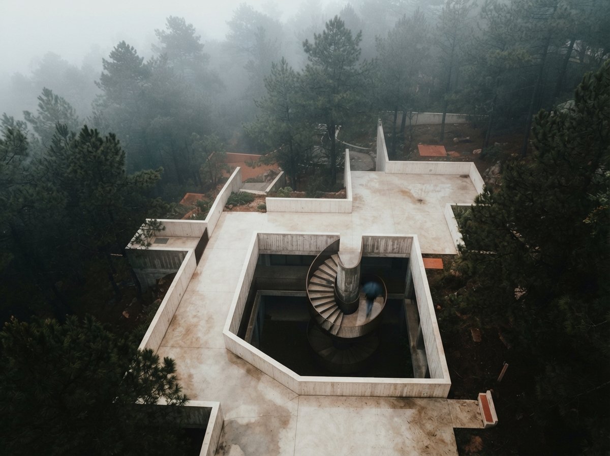 Aerial top-down view of a modern concrete courtyard surrounded by pine trees shrouded in morning fog.