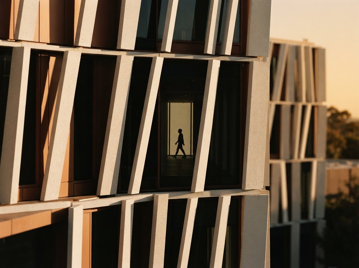 A close-up macro photograph of precast concrete architectural fins illuminated by raking golden sunlight.