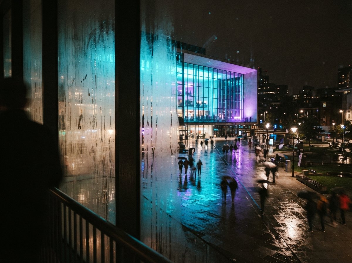 A night photograph of a civic building lit with vibrant neon projection, viewed through glass.