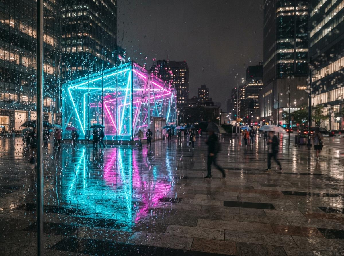 A night view of a glowing glass pavilion reflecting across a wet plaza through rain-speckled glass.