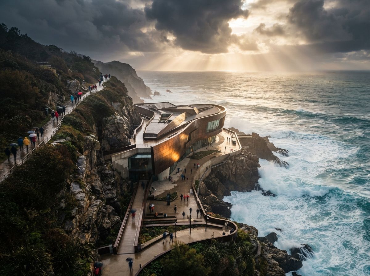 An overhead drone photograph of a coastal building on cliffs as storm clouds break.