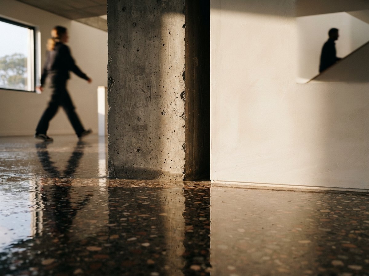 Macro photograph of a concrete wall junction with sharp diagonal shadow and wet floor reflection.