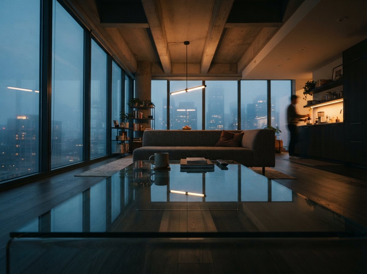 Low-angle shot from the floor looking up through a glass table toward foggy apartment windows.