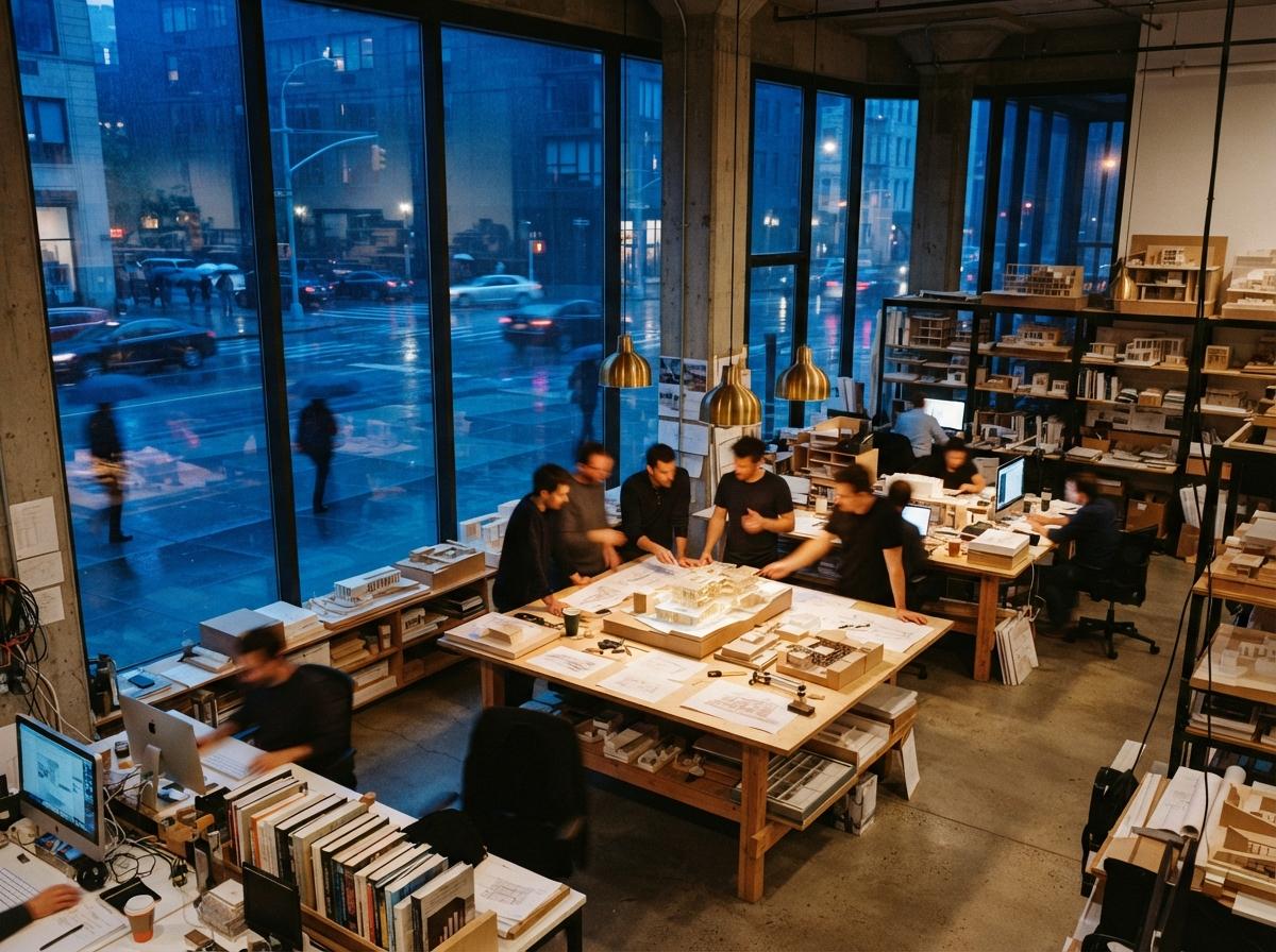 An active architecture studio at dusk with bold blue rain reflections and vibrant warm interior lighting.