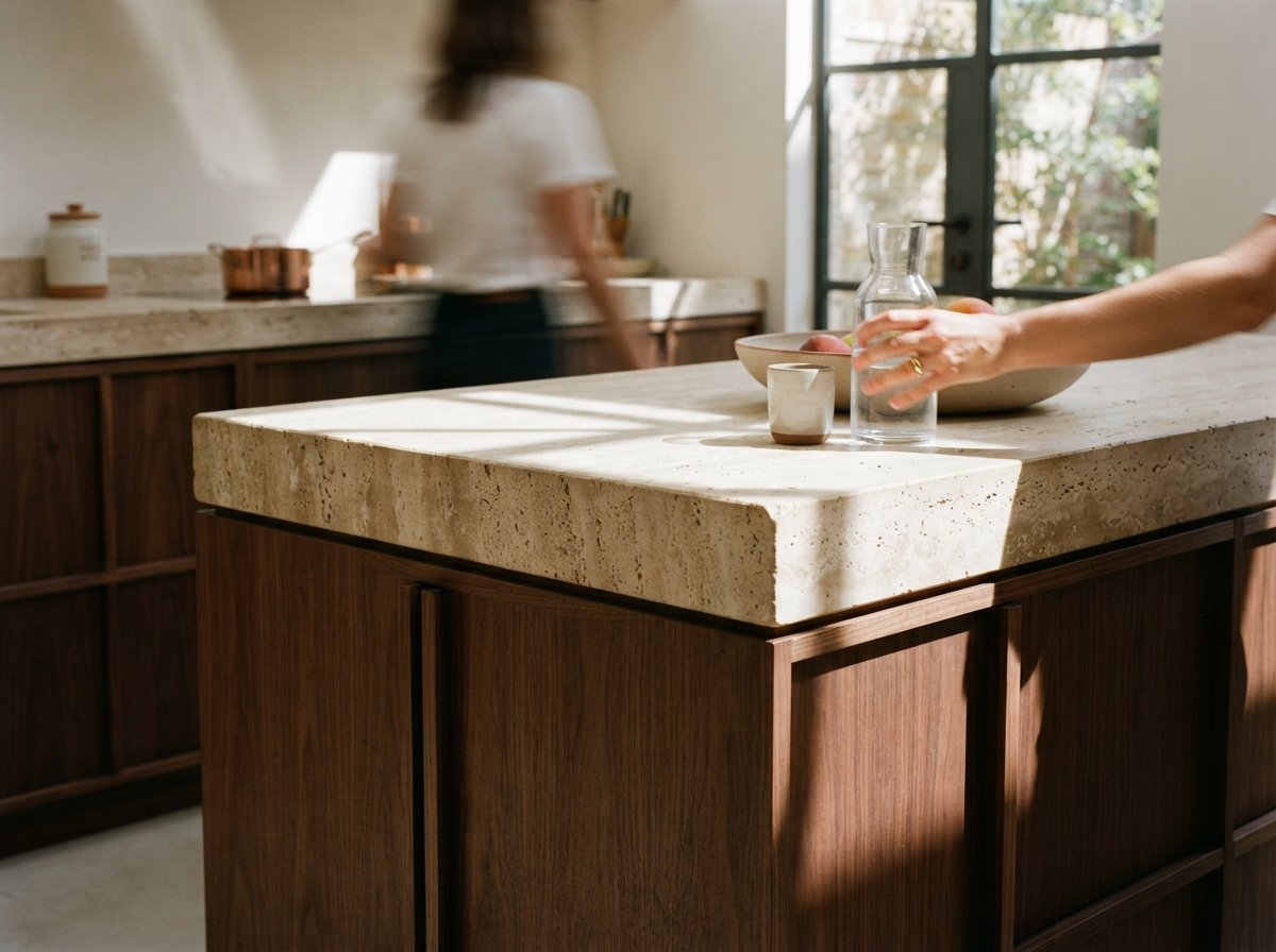 A close-up shot of travertine stone textures and walnut cabinetry under bright direct sunlight.