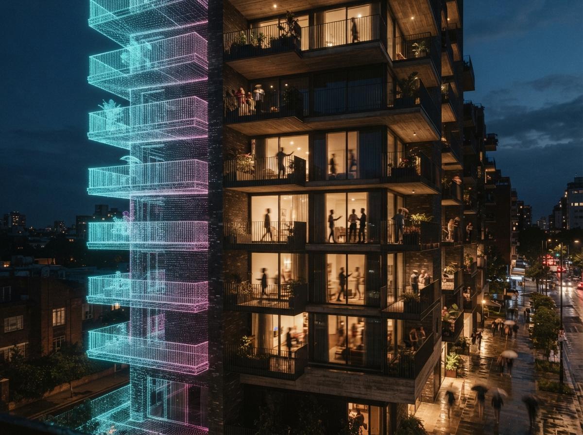 An architectural facade showing concrete balconies transitioning into a digital wireframe mesh at night under artificial neon lights.