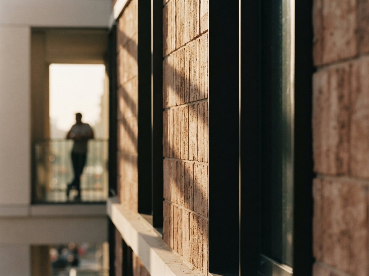 A close-up shot of brick texture and dark window frames showing strong diagonal morning shadows.