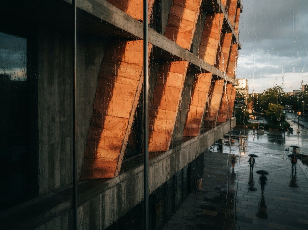 A close-up macro photograph of textured terracotta facade panels hit by harsh sunlight through wet glass.
