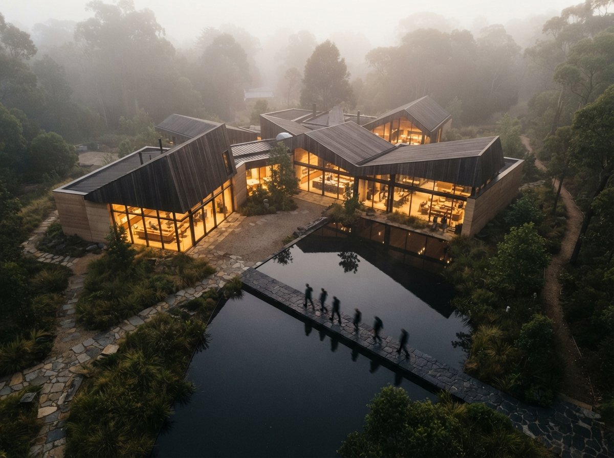 An overhead drone photograph of a modern timber building and reflecting pool emerging from dawn fog.