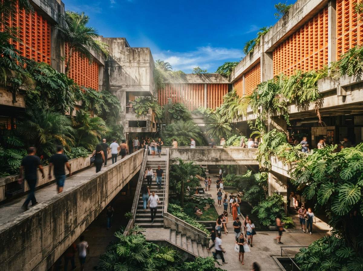 Pedestrians walk along concrete ramps in a sunlit, plant-draped architectural courtyard under a blue sky.