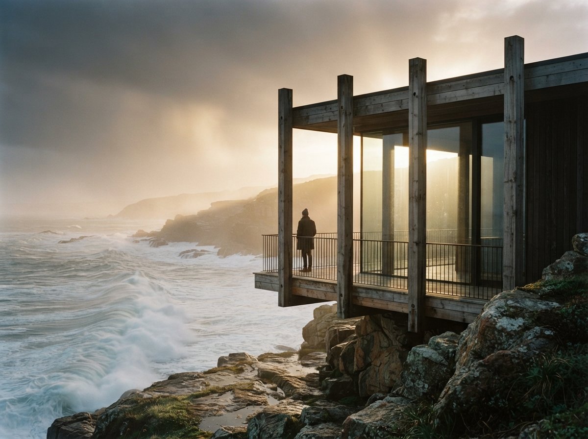 A person stands on a cantilevered wooden deck overlooking a misty coastline at sunrise.