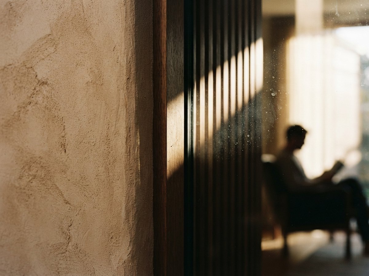 Macro close-up of textured wall rendering and timber details with sharp raking morning sunlight and glass reflections.