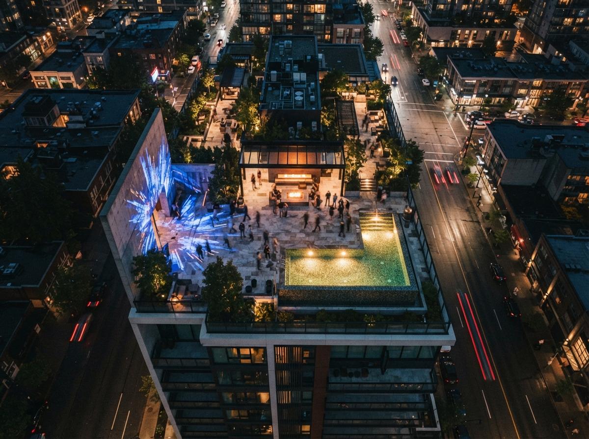 Top-down drone view of a modern roof terrace at night illuminated by artificial neon lights and a fire pit.