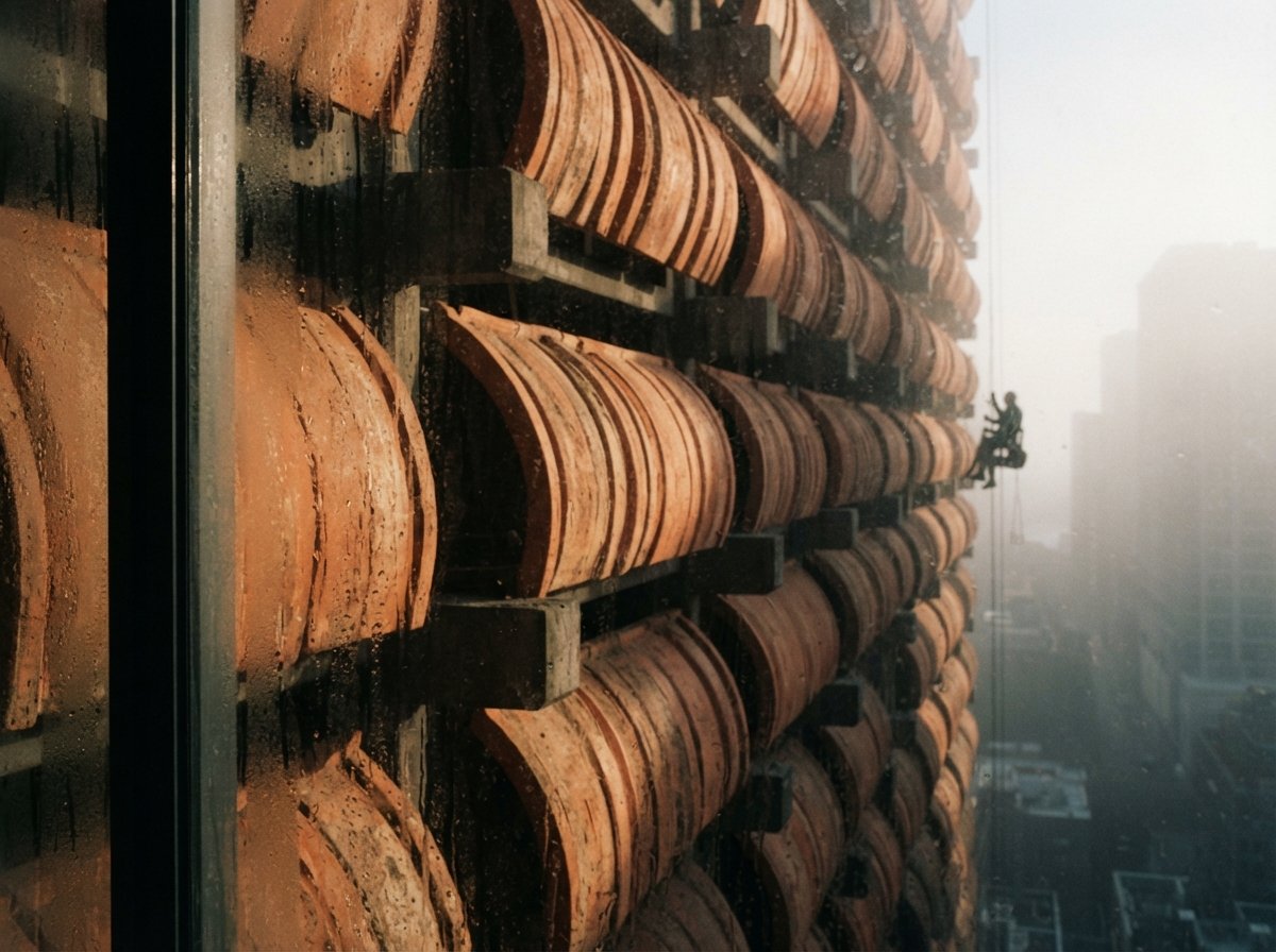 Macro shot of textured terracotta building louvers caught in foggy morning sun shafts.