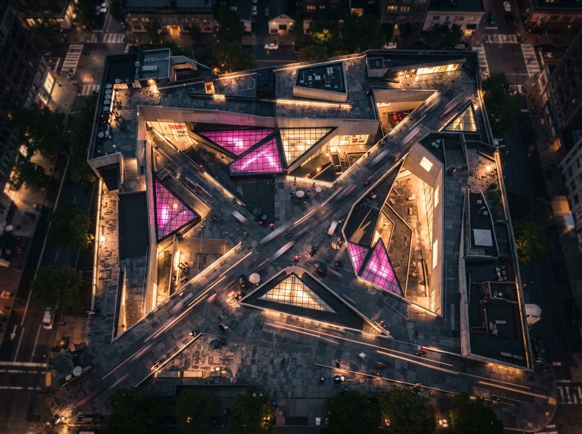 A top-down drone view of a geometric museum plaza at night illuminated by neon light spill.