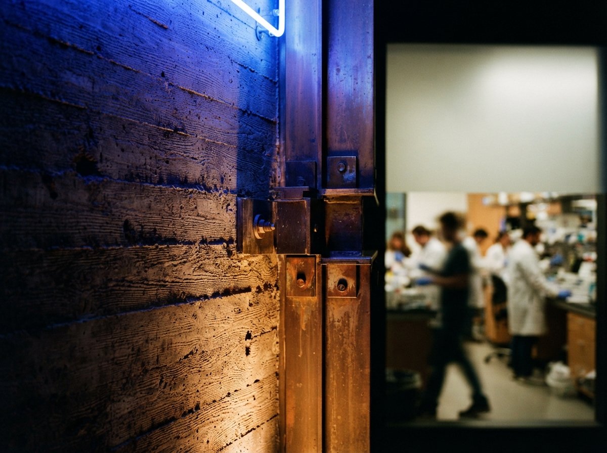 A close-up view of board-formed concrete and metal facade joints illuminated by vibrant artificial night lighting.