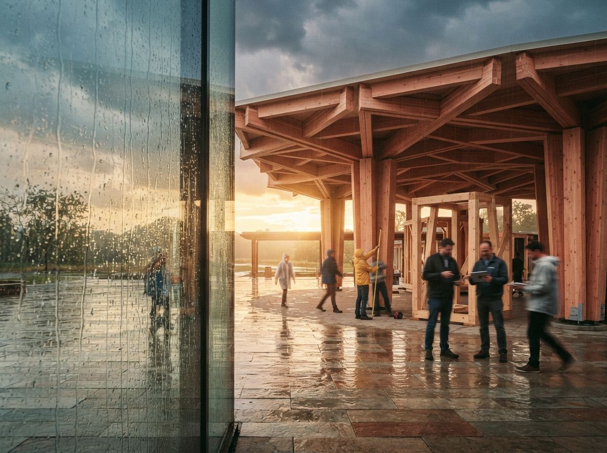A mass-timber pavilion viewed through a wet glass window during a sunset storm clearing.