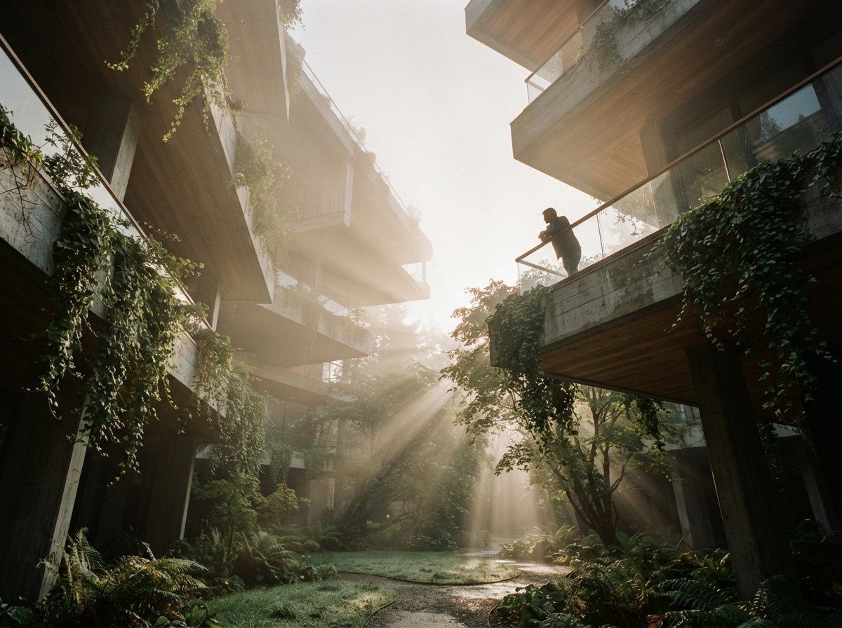 A low-angle view looking up at a foggy architectural courtyard filled with sunbeams and lush plants.