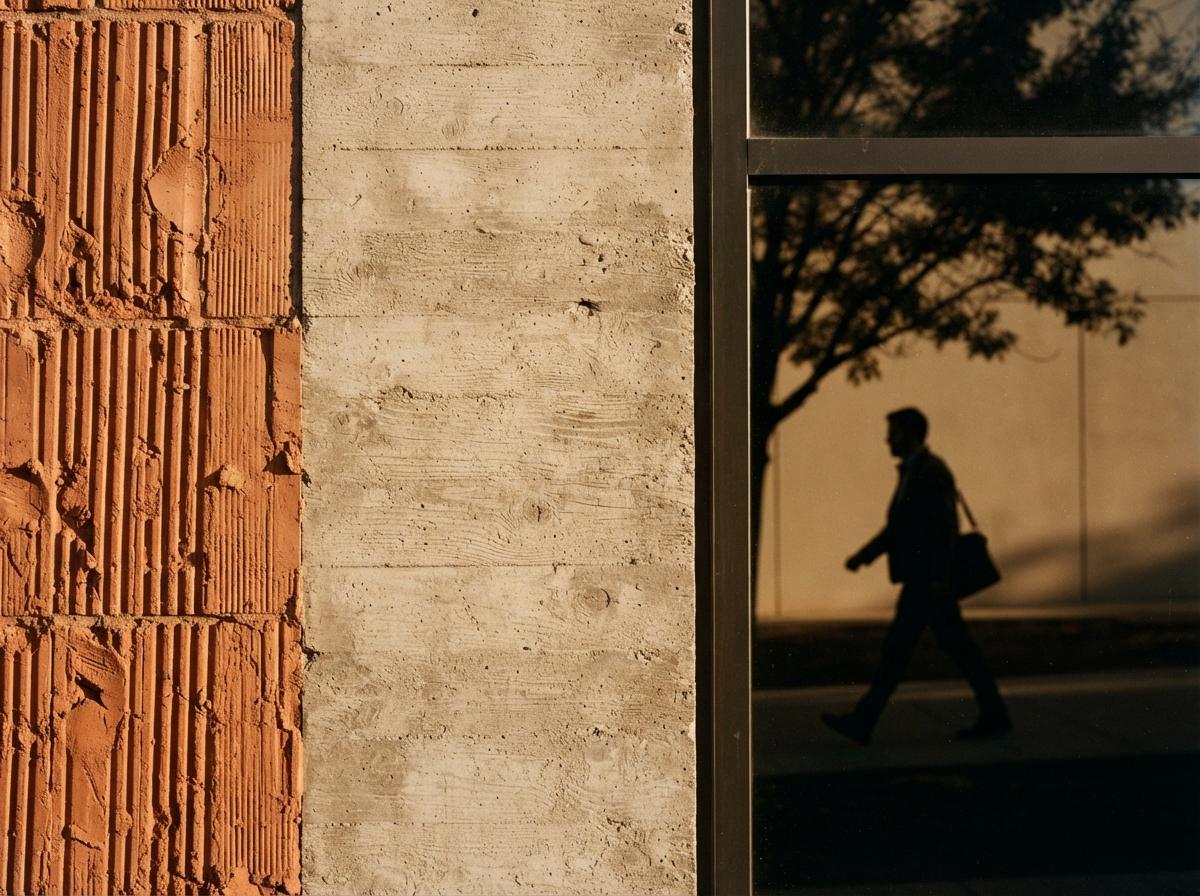 A close-up photograph of textured terracotta tile catching low golden-hour light alongside a glass reflection.