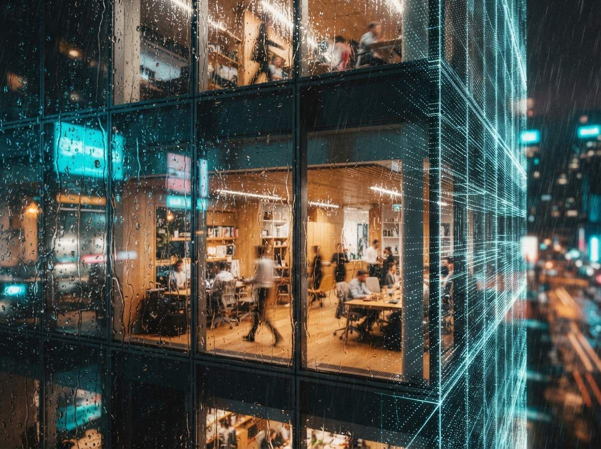 A close-up photograph of rain-covered facade glass reflecting vibrant night lights as it transitions into digital point-cloud nodes.