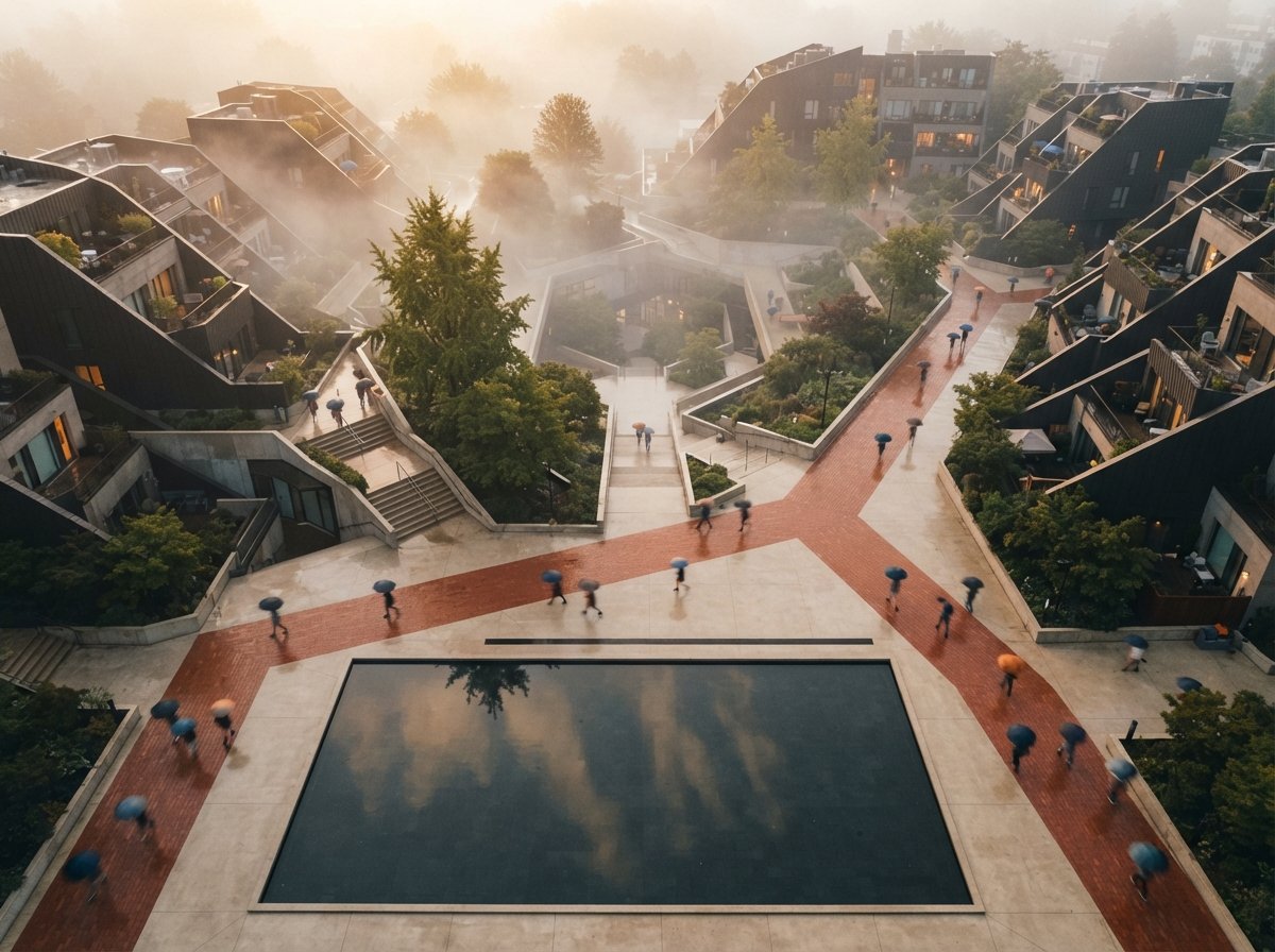An aerial top-down view of a geometric plaza with a reflecting pool obscured by morning fog.