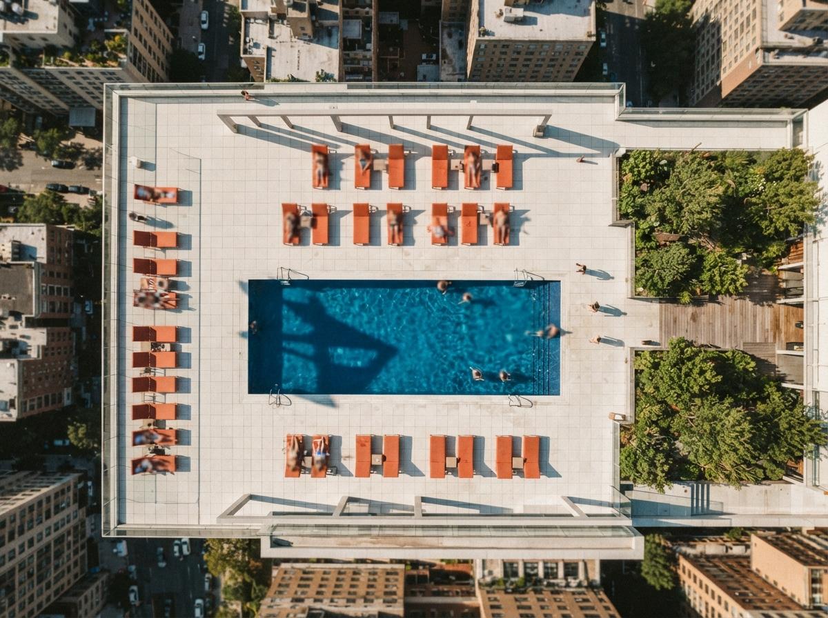 A top-down aerial view of a rooftop swimming pool with vibrant blue water and crisp geometric shadows.