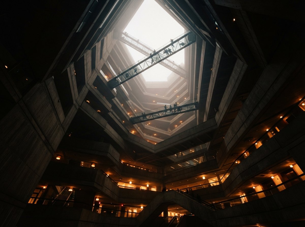A ground-level view looking up at a multi-story concrete atrium enveloped in dawn fog with warm lit interiors.