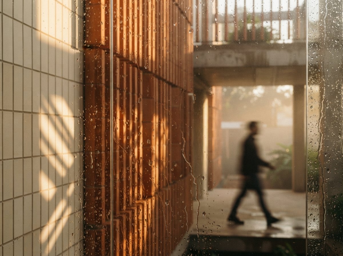 A macro photograph focused on water droplets on glass looking toward a sunlit terracotta building facade.