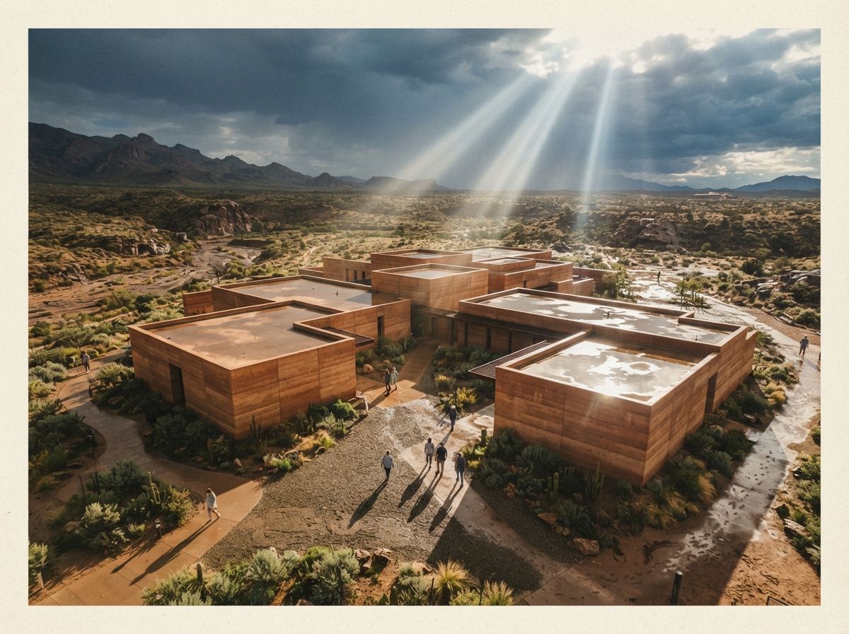 A top-down aerial photograph of a rammed-earth building during a clearing storm.